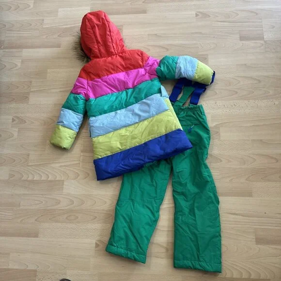 Boden Powder PufferSnow Fur Jacket Color Block & Bib Matching Set Size 5-6y